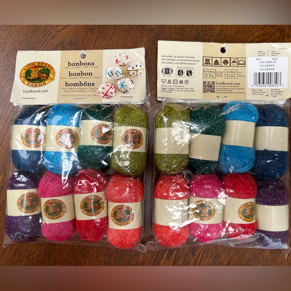 Two 8 packs=16 .35oz ( ea 38 yds) Lionbrand BonBons acrylic/metallic polyester.